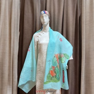 Khăn gai dài màu xanh bạc hà vẽ tay hình phố cổ 70*190cm